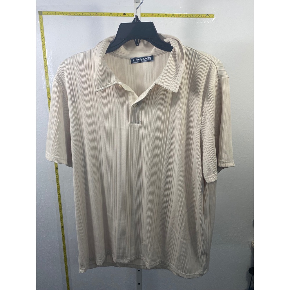 PJ Paul Jones Mens XL Cream Vertical Pleated‎ Short Sleeve Polo Shirt Off White